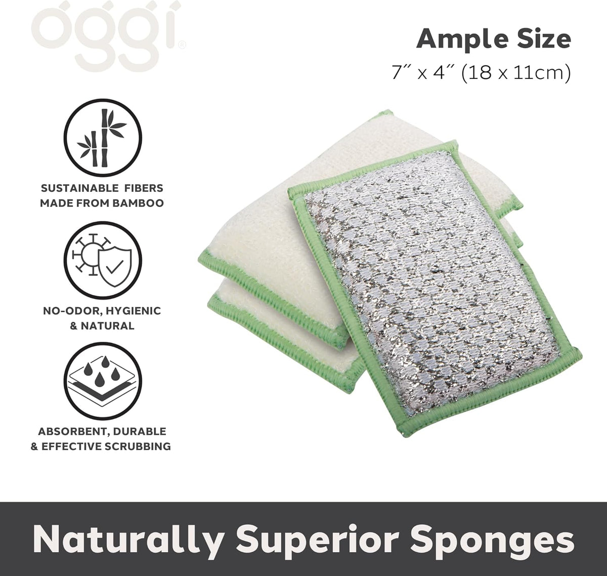 Oggi Set of 3 Sage Bamboo Scrubbing Sponges