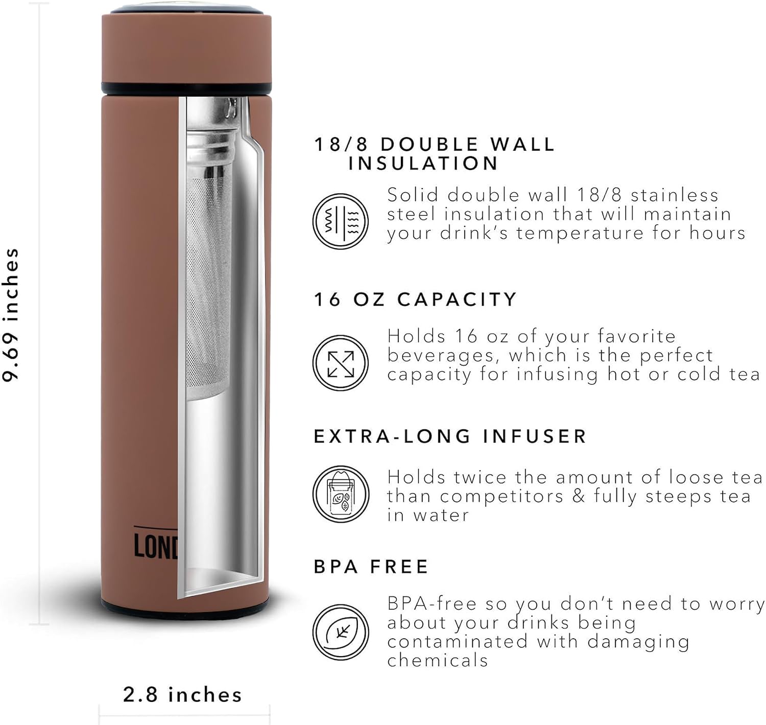 London Sip Tea Infuser Bottle – Mocha Brown – 16 oz