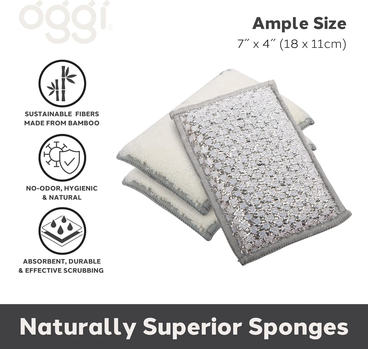 Oggi Set of 3 Grey Bamboo Scrubbing Sponges