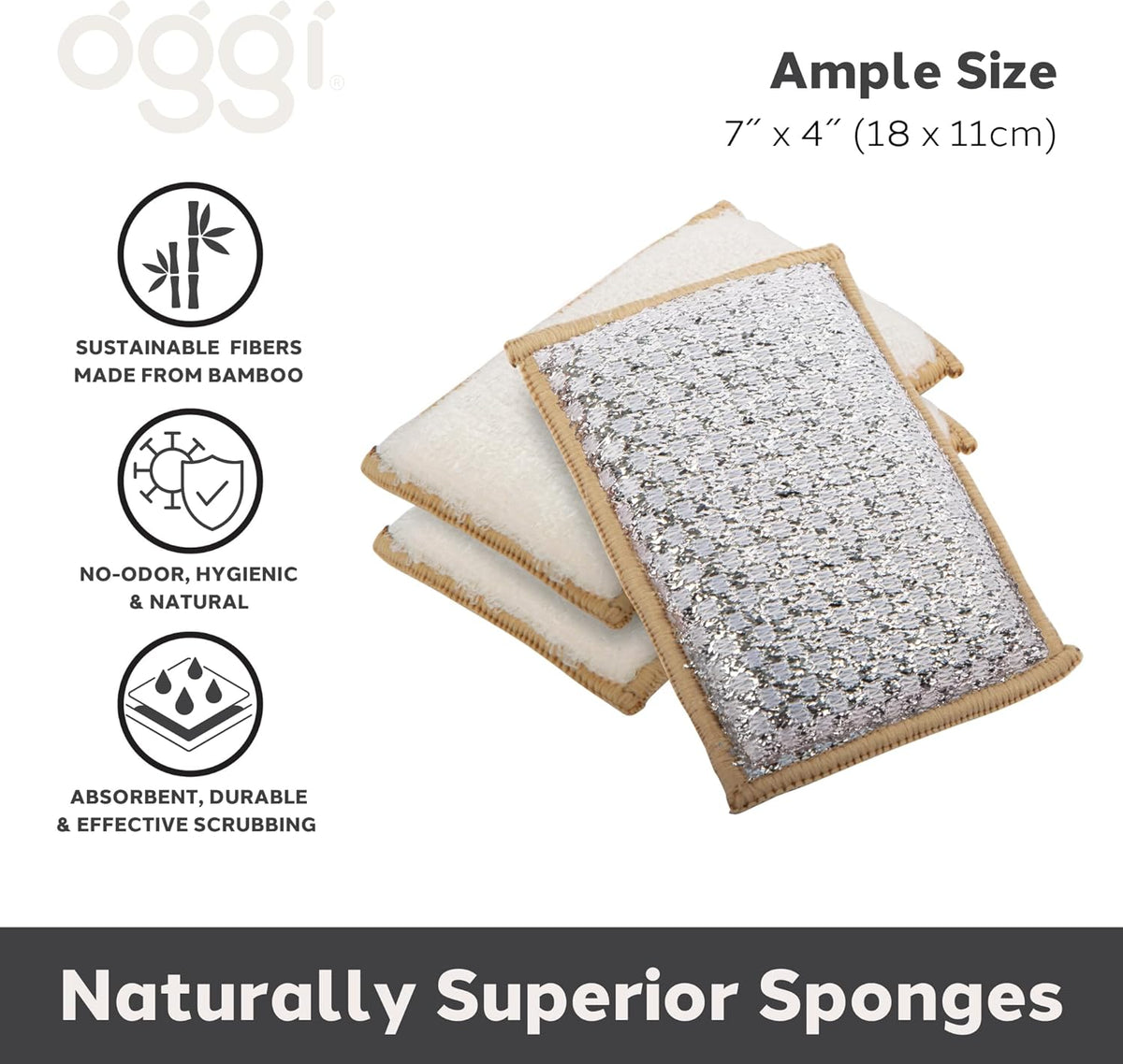Oggi Set of 3 Khaki Bamboo Scrubbing Sponges
