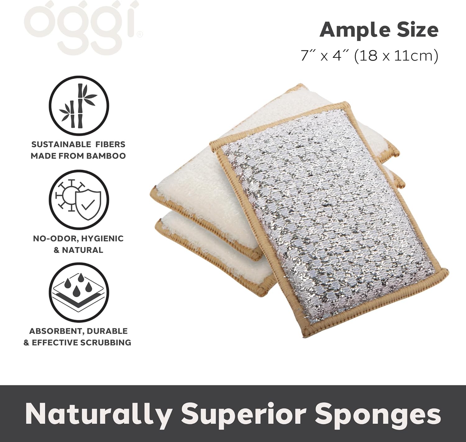 Oggi Set of 3 Khaki Bamboo Scrubbing Sponges
