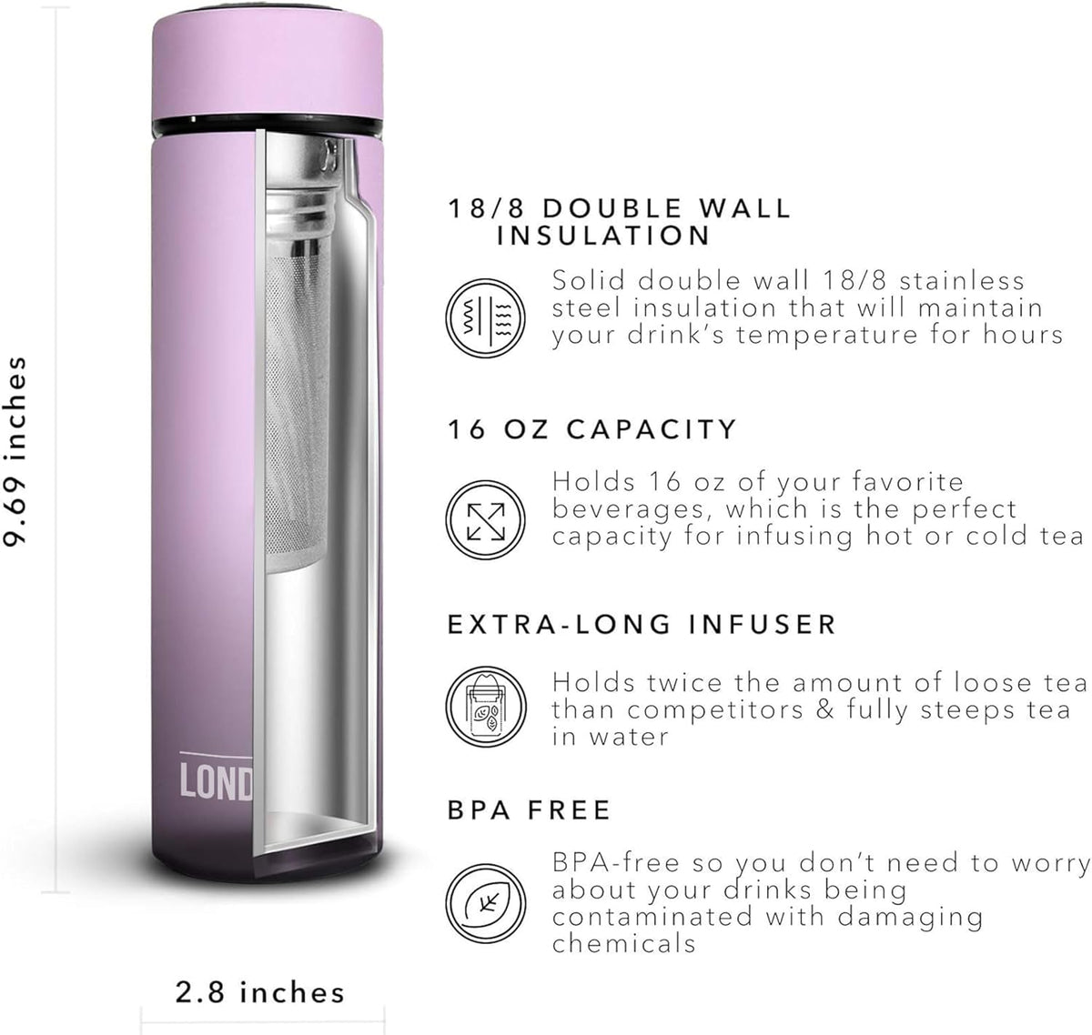 London Sip Tea Infuser Bottle – Lilac – 16 oz