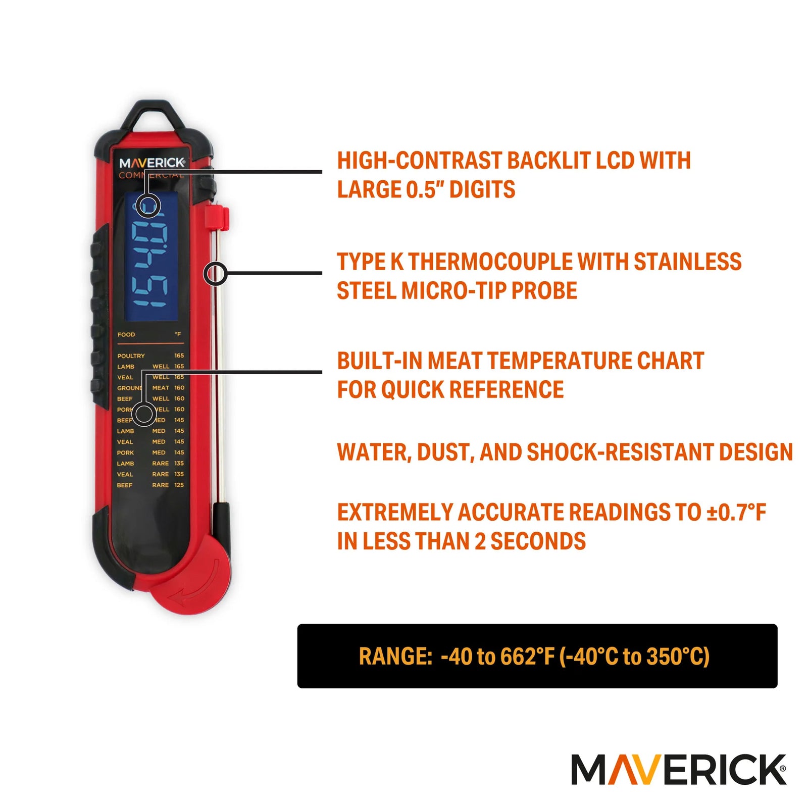 Maverick Pro-Temp Professional Thermocouple Thermometer - Red