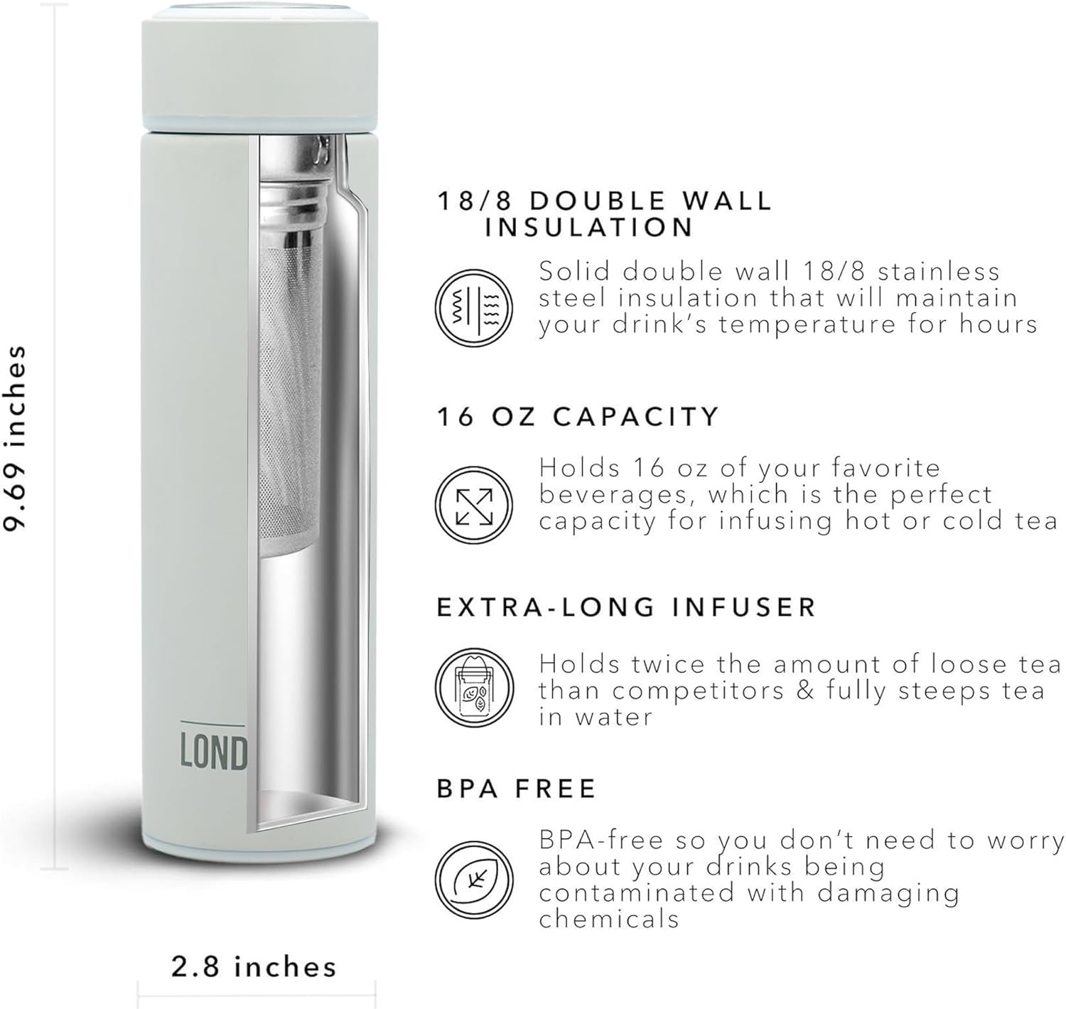 London Sip Tea Infuser Bottle – Pearl White – 16 oz