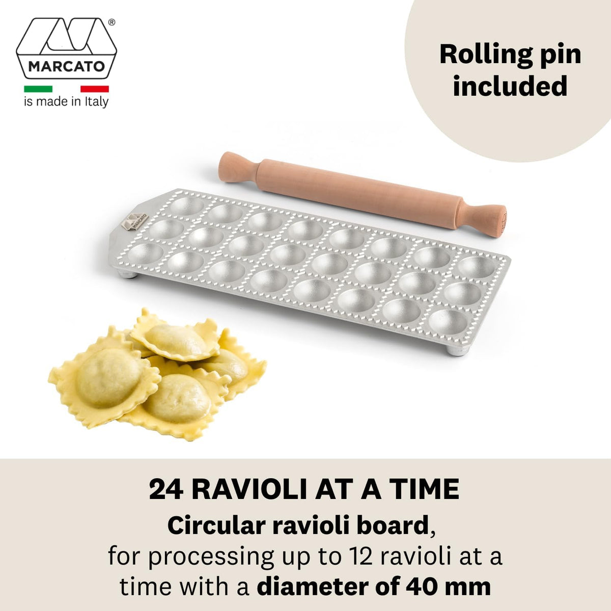 Marcato Premium Ravioli Maker Mold with Rolling Pin – 4 cm / 1.5"