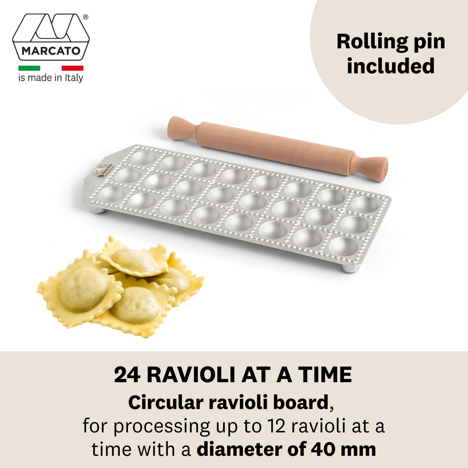 Marcato Premium Ravioli Maker Mold with Rolling Pin – 4 cm / 1.5"
