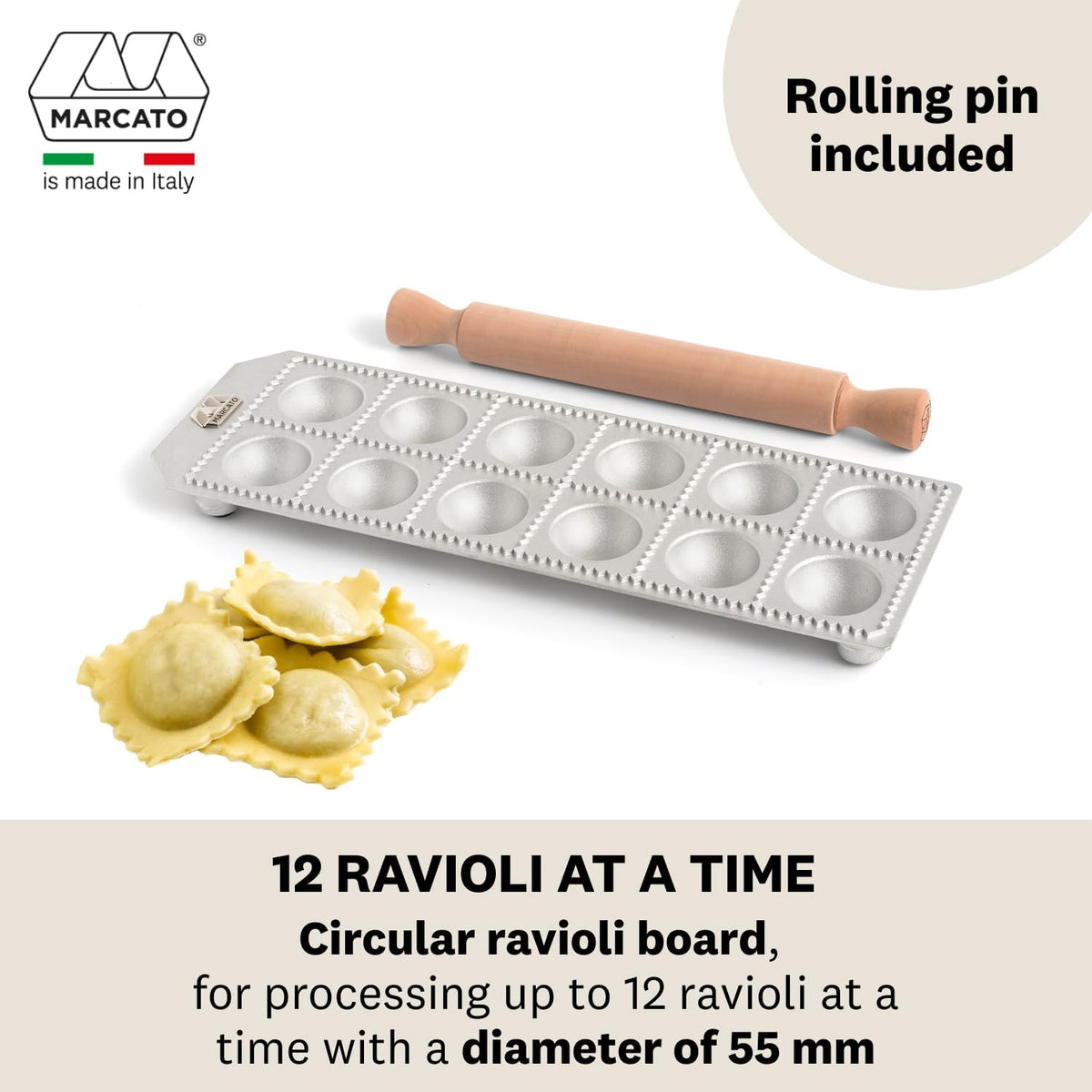Marcato Premium Ravioli Maker Mold with Rolling Pin – 5.5 cm / 2.1"