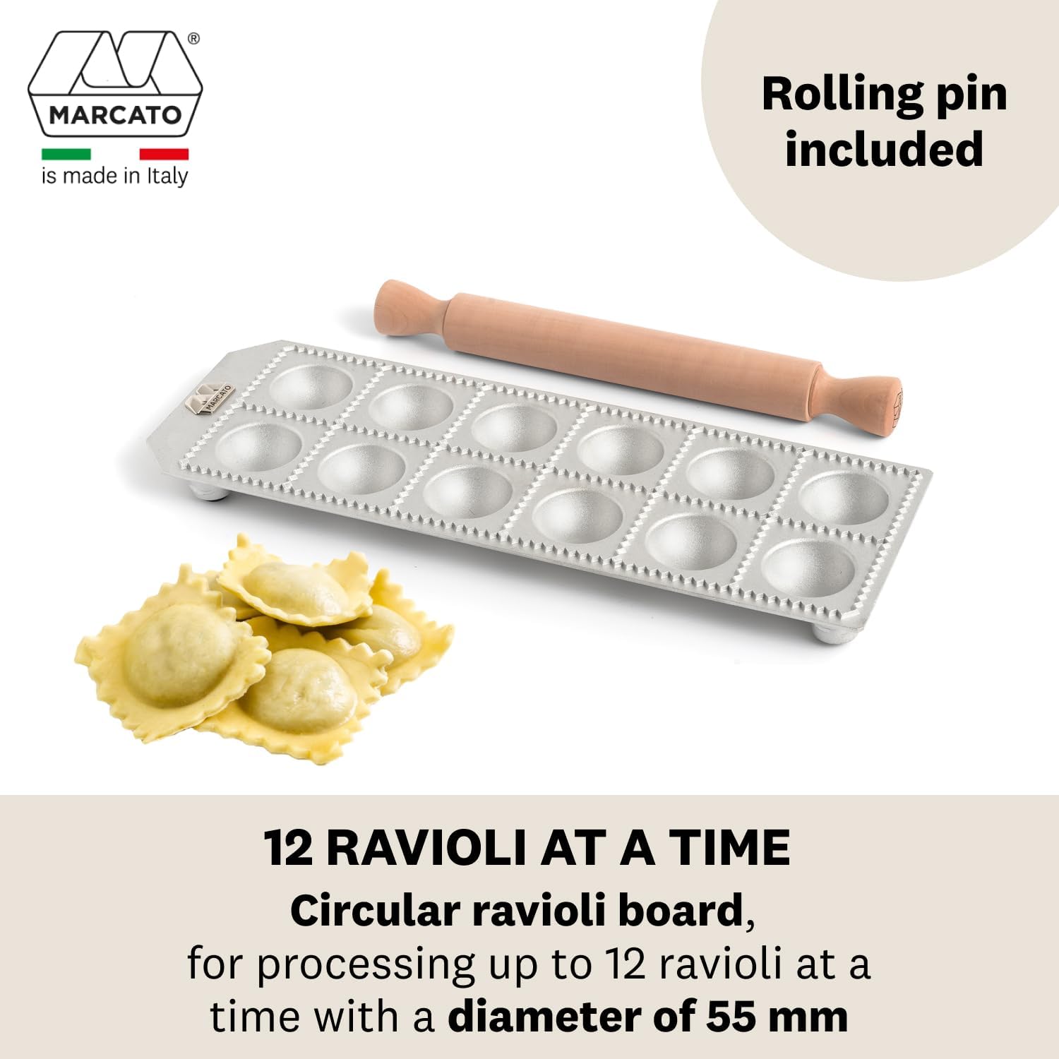 Marcato Premium Ravioli Maker Mold with Rolling Pin – 5.5 cm / 2.1"