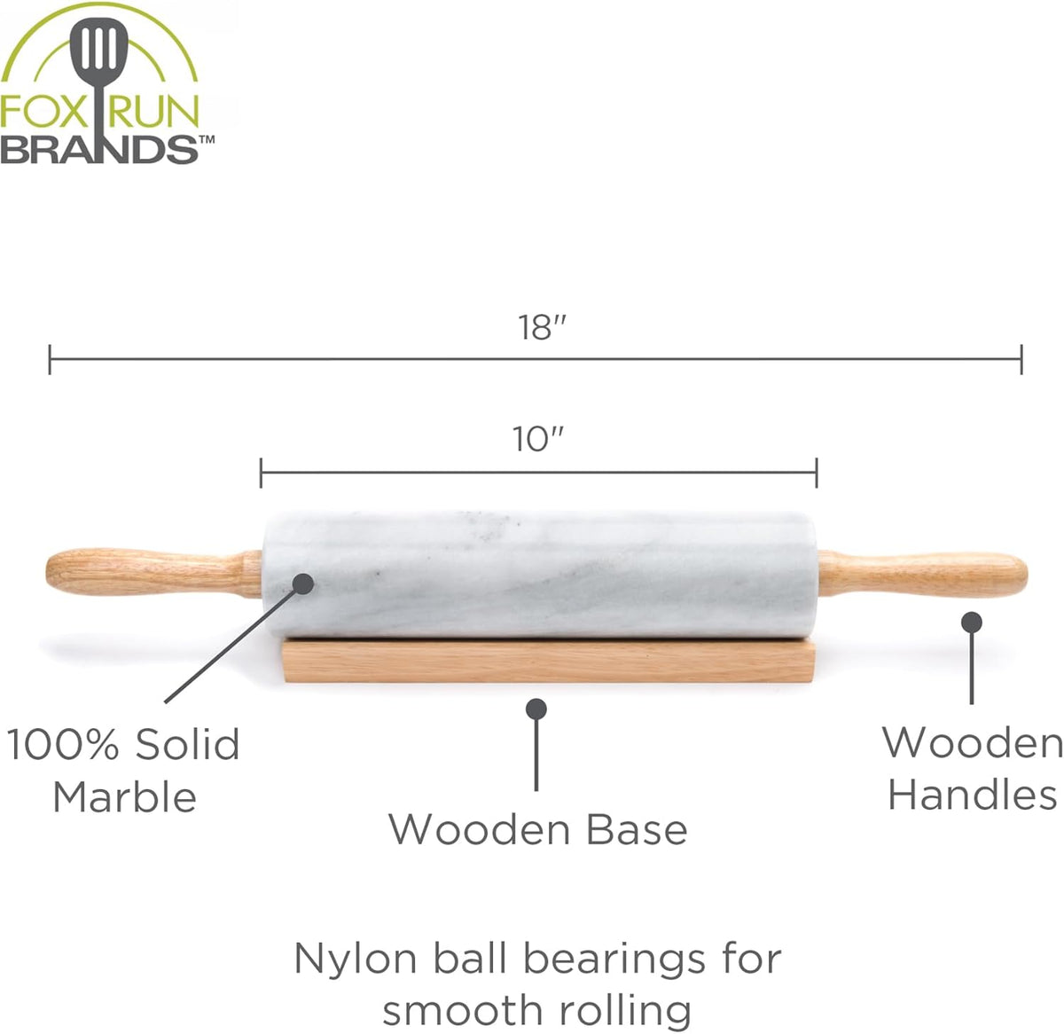 Fox Run White Marble Rolling Pin 10"