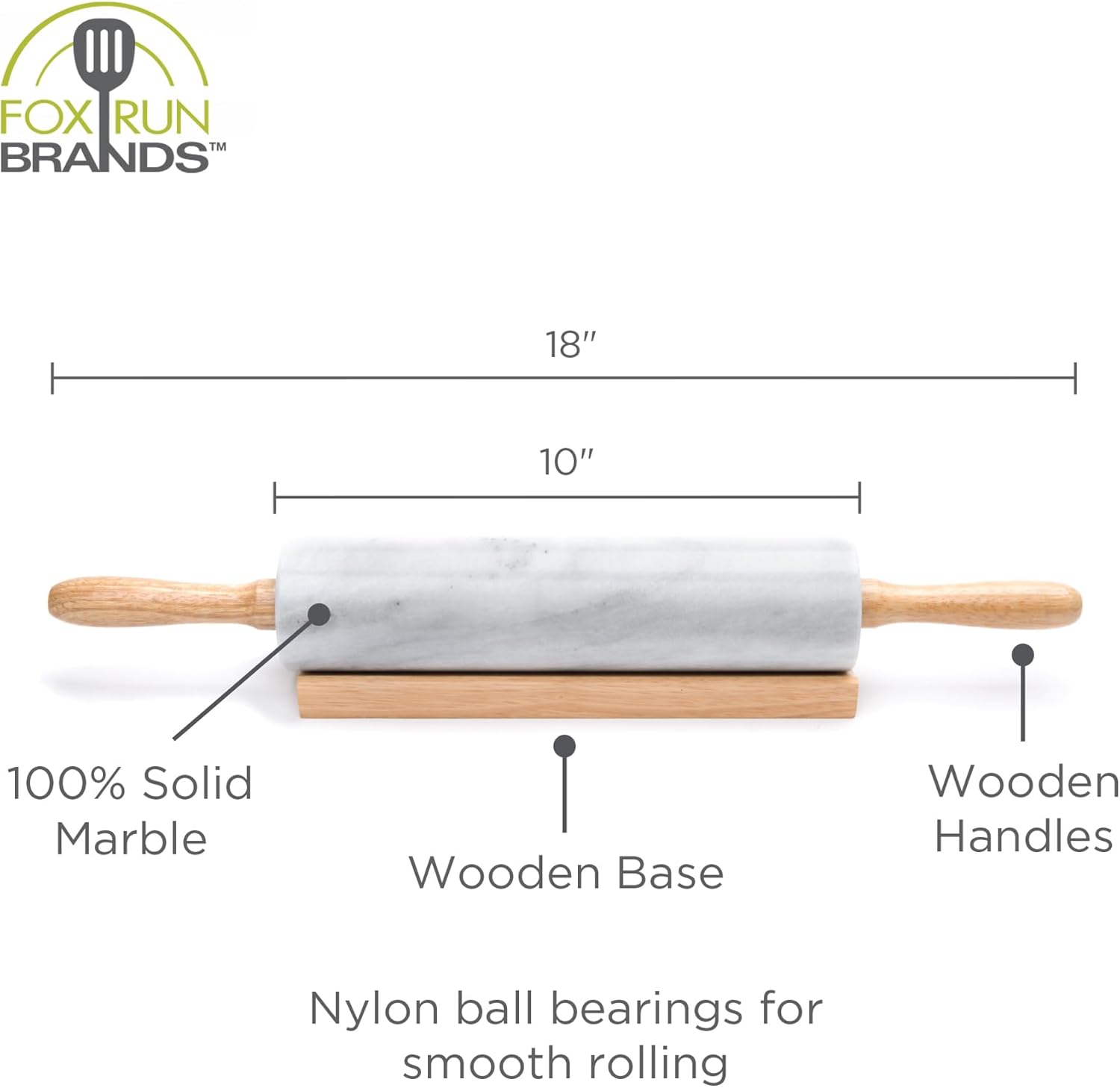 Fox Run White Marble Rolling Pin 10"