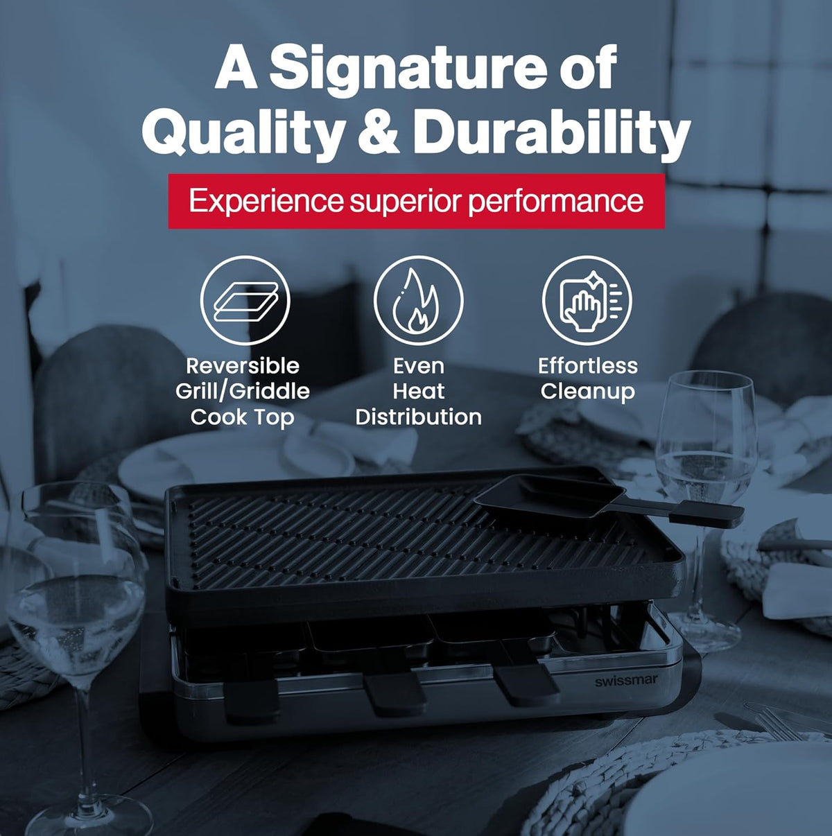 Swissmar Classic 8-Person Raclette Grill – Cast Iron Plate – Red