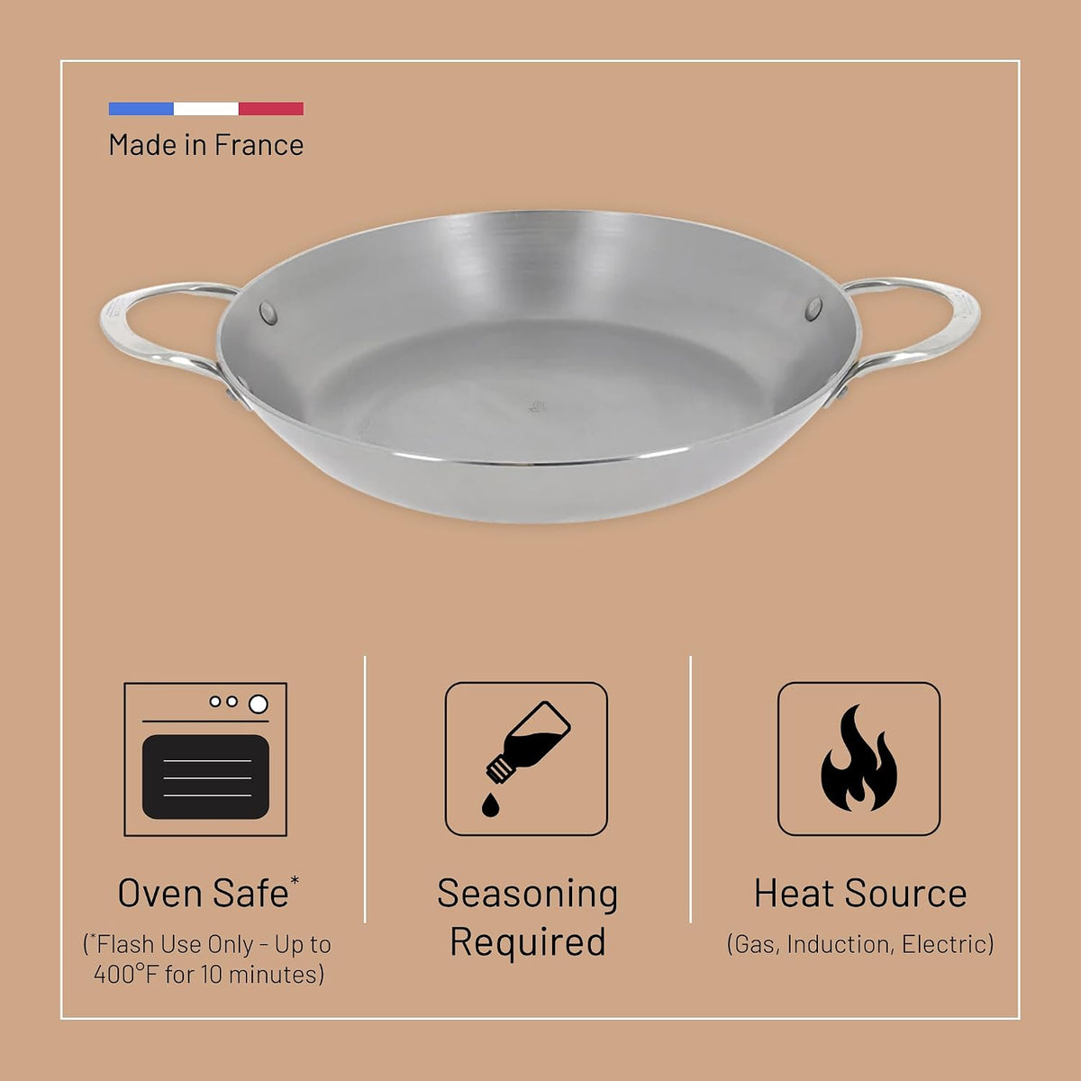 De Buyer Mineral B Steel Paella Pan with 2 Handles – 32 cm