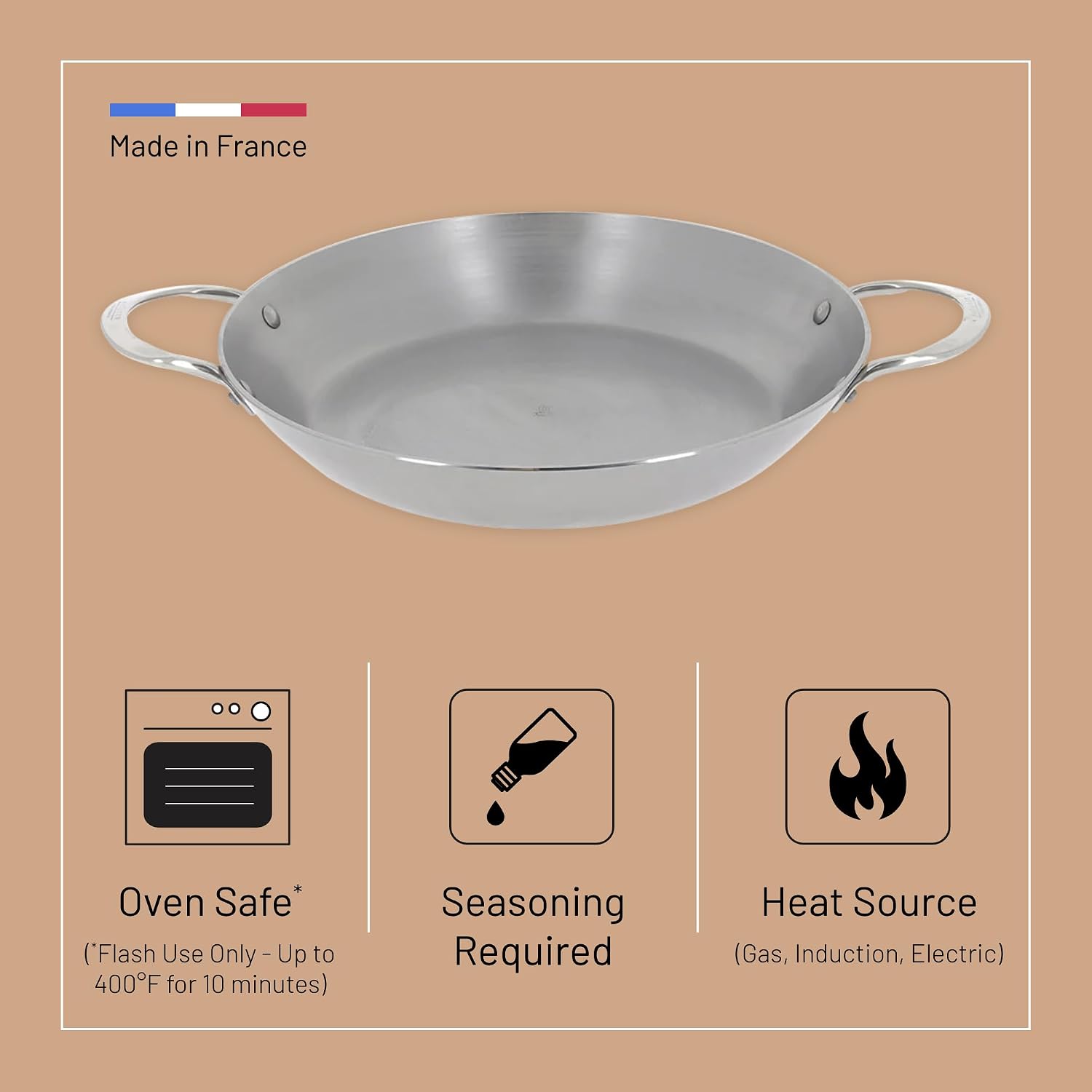 De Buyer Mineral B Steel Paella Pan with 2 Handles – 32 cm
