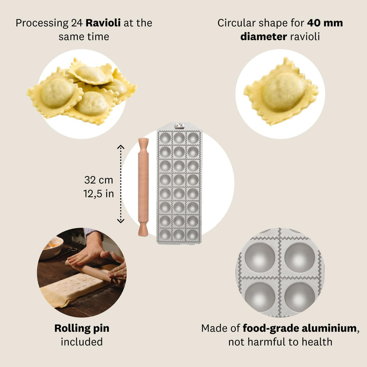 Marcato Premium Ravioli Maker Mold with Rolling Pin – 4 cm / 1.5"