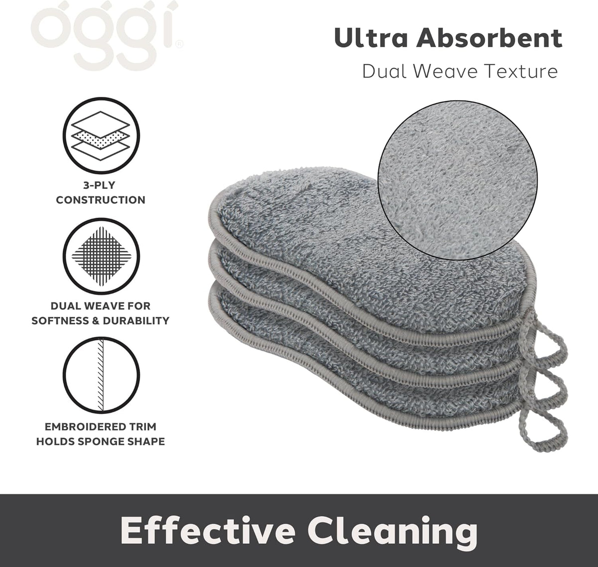 Oggi Set of 3 Grey Bamboo Kitchen Sponges