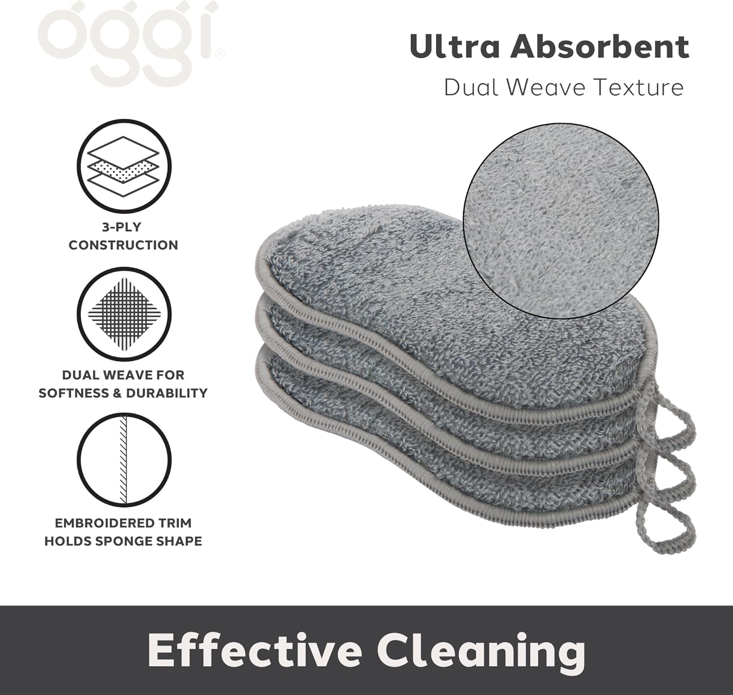 Oggi Set of 3 Grey Bamboo Kitchen Sponges