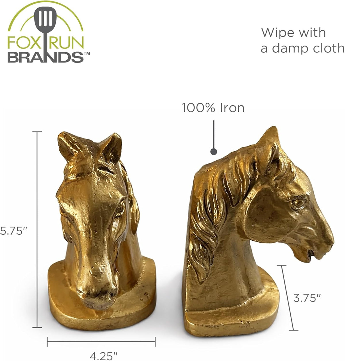 Fox Run Gold Horse Head Iron Bookends, Set of 2