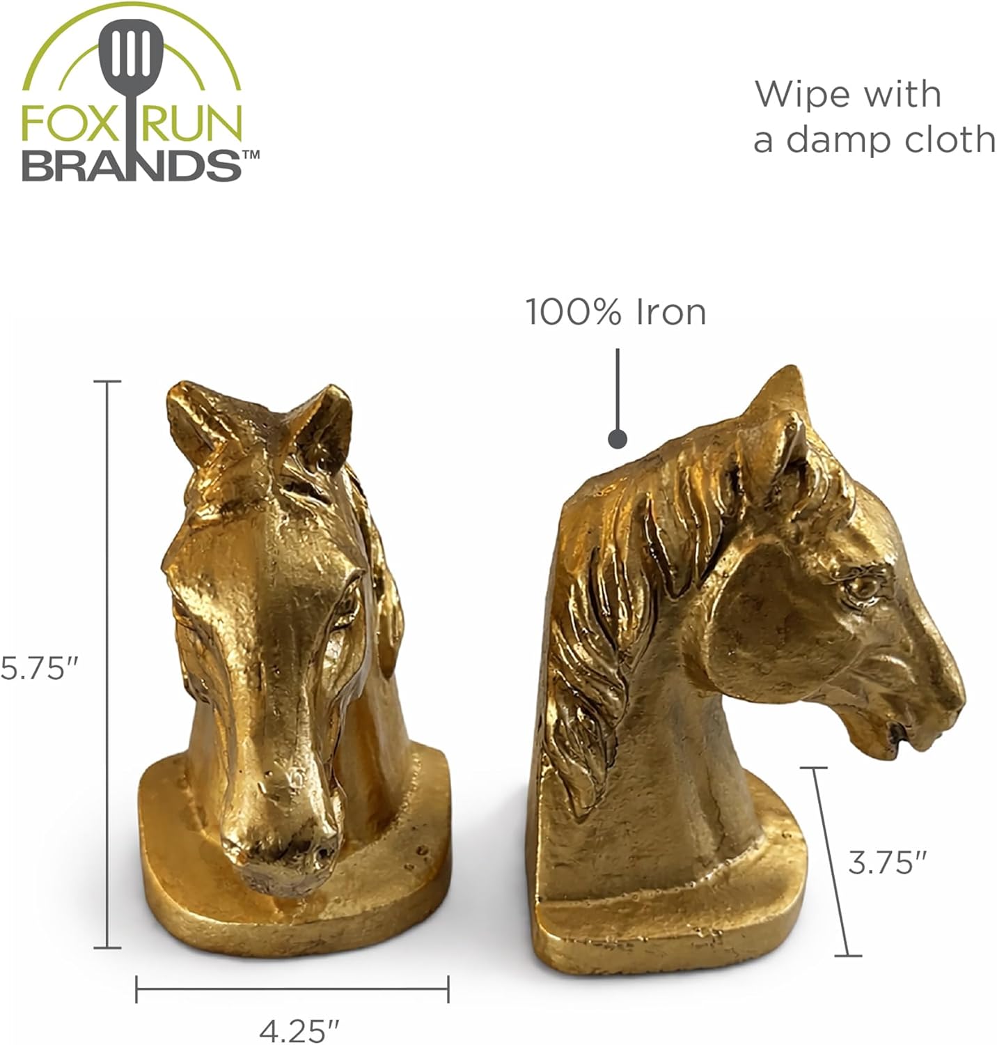Fox Run Gold Horse Head Iron Bookends, Set of 2