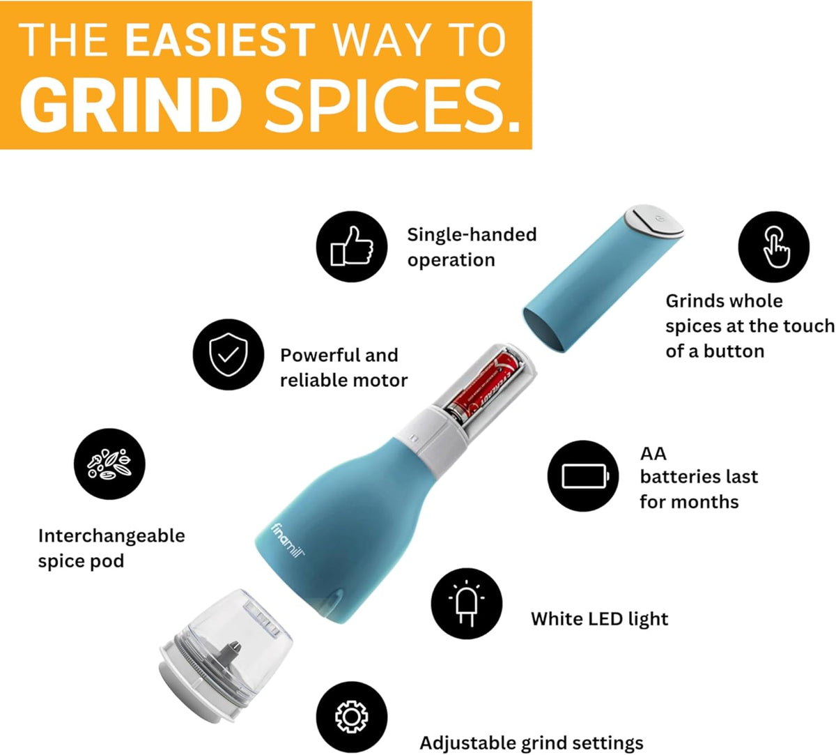 FinaMill Electric Pepper & Spice Grinder with 2 Pods – Ocean Blue