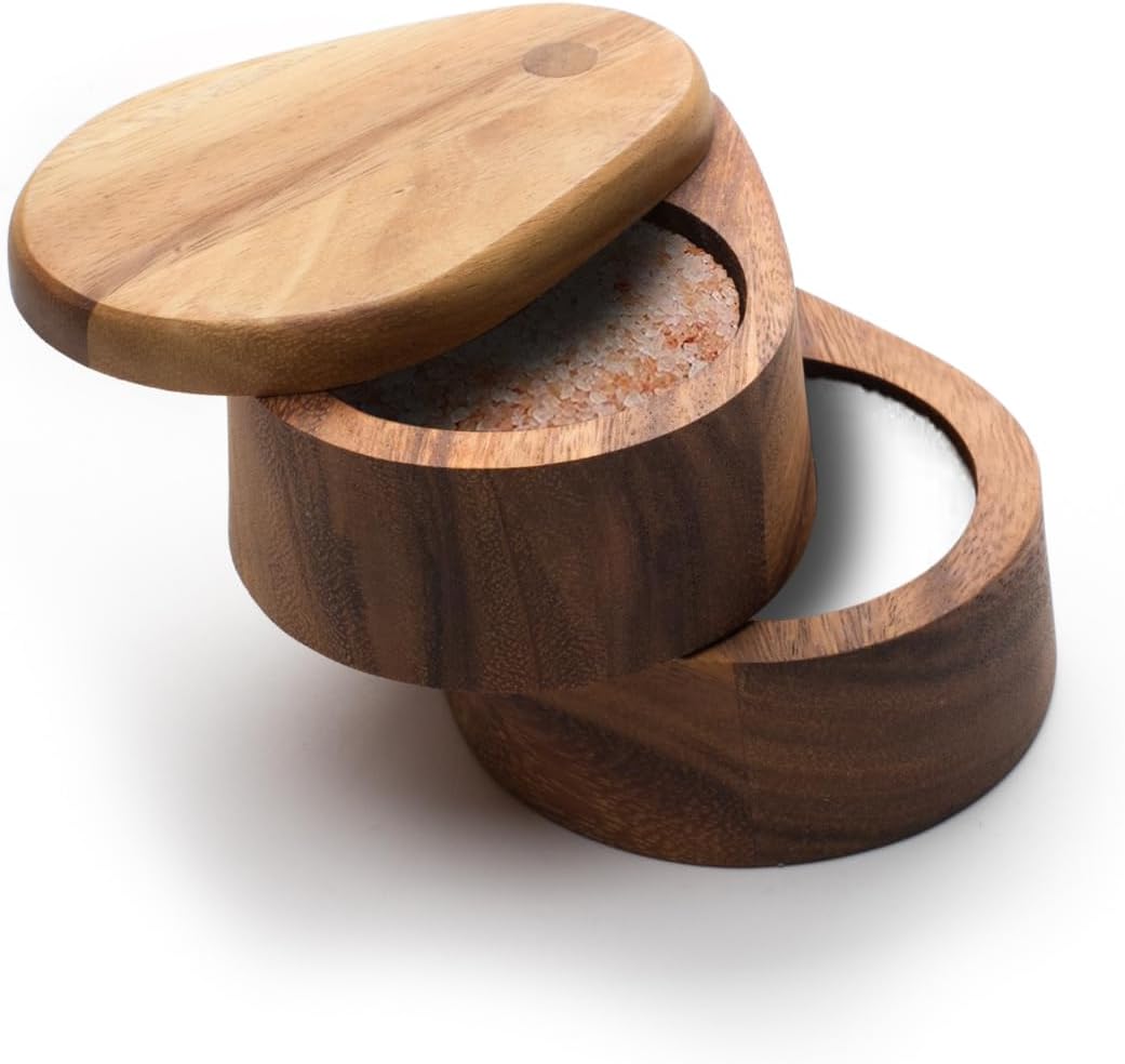 Ironwood Acacia Wood Double Layer Swivel Salt Box