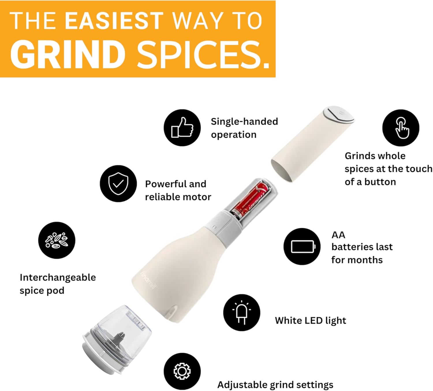 FinaMill Electric Pepper & Spice Grinder with 2 Pods – Soft Cream