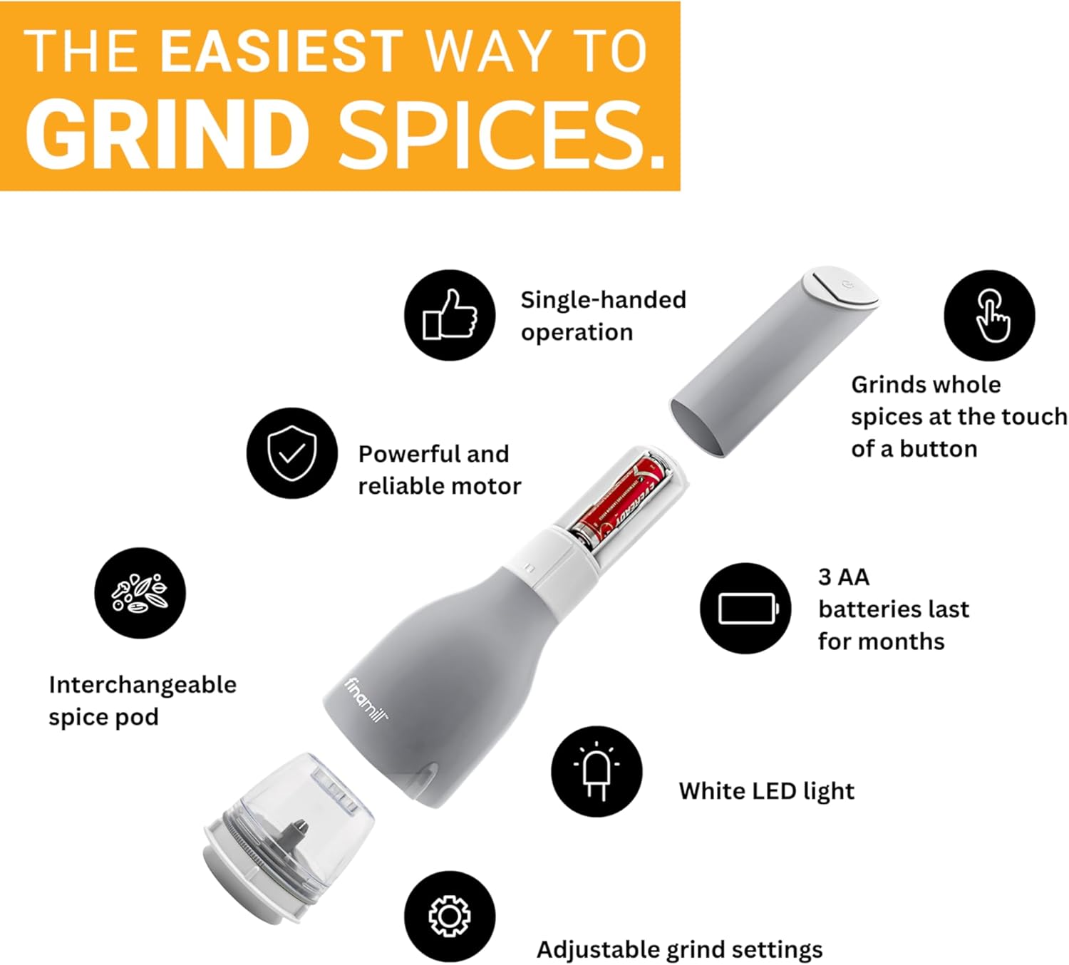 FinaMill Electric Pepper & Spice Grinder with 2 Pods – Stone