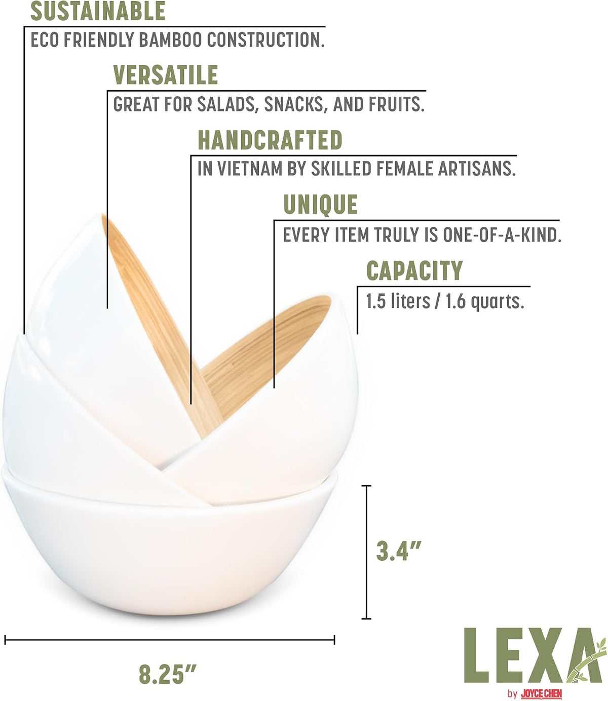 Joyce Chen Lexa Bamboo Salad Bowl Set – White – 8 Inch – Set of 4