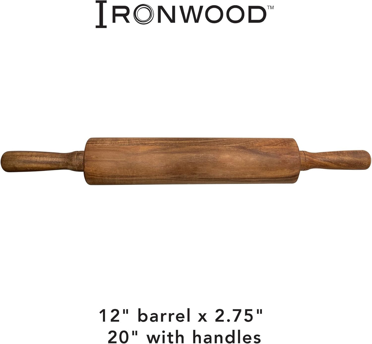 Rolling Pin – 12" / 30.5 cm Barrel, Acacia Wood