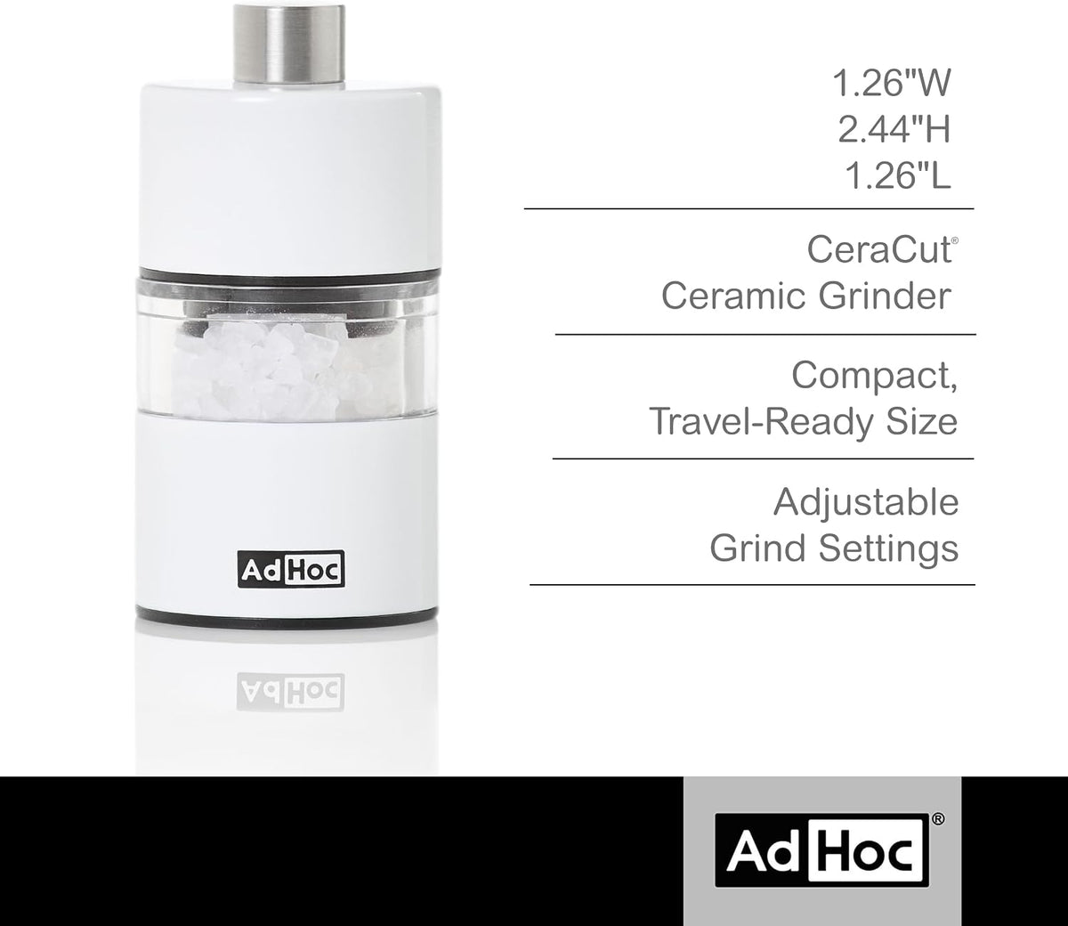 AdHoc Classic MiniMill Pepper / Salt Mill – White – 2.4" / 6.2 cm
