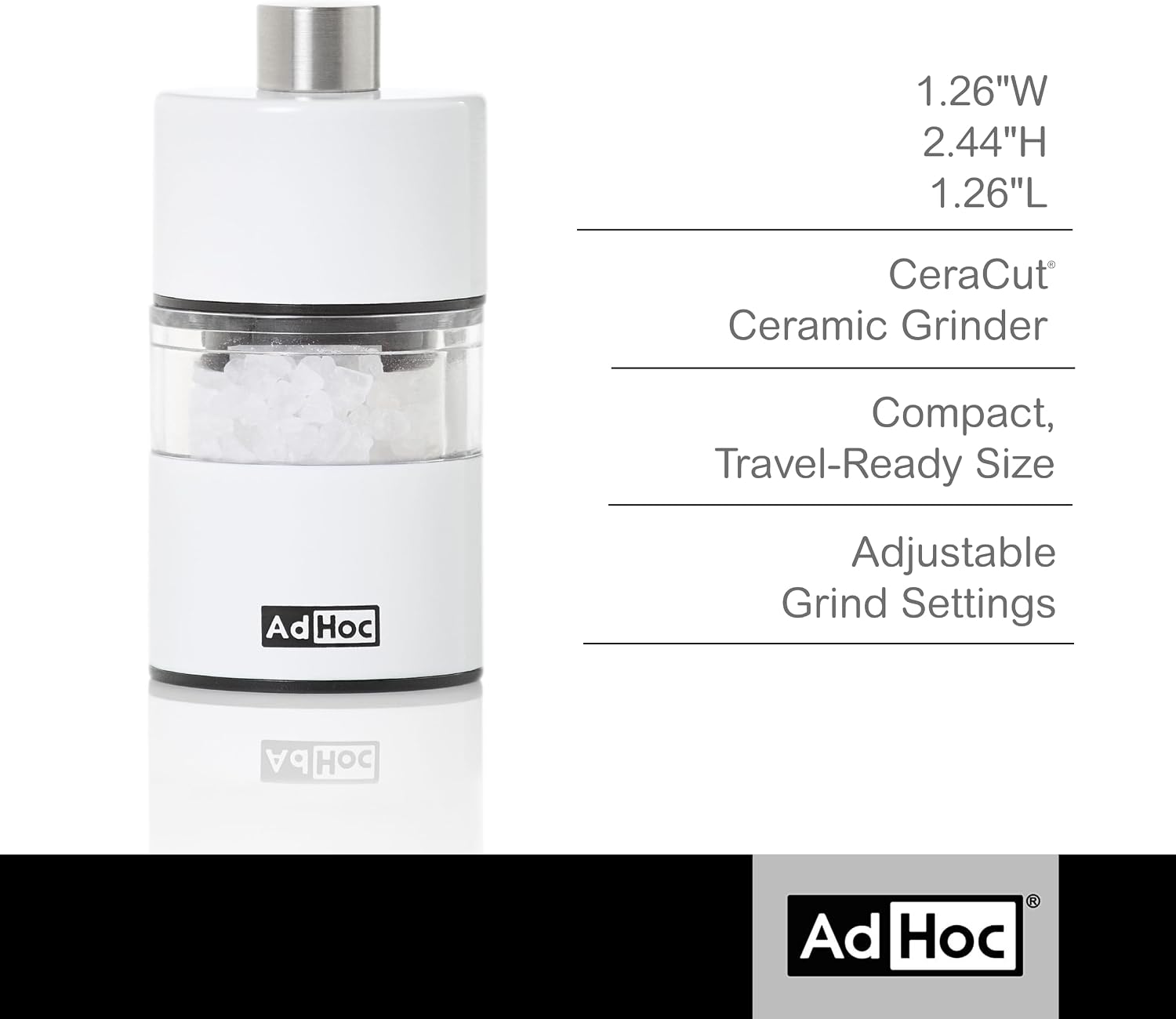 AdHoc Classic MiniMill Pepper / Salt Mill – White – 2.4" / 6.2 cm