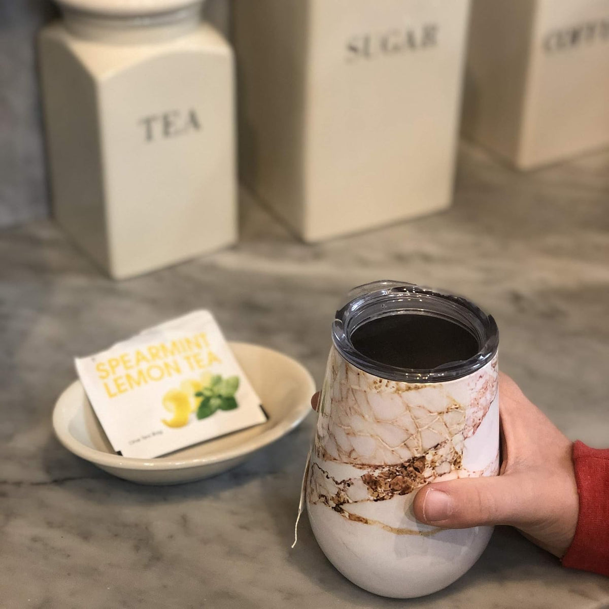 Outset Double Wall Wine Tumblers with Lids – Copper & Marble Set of 2