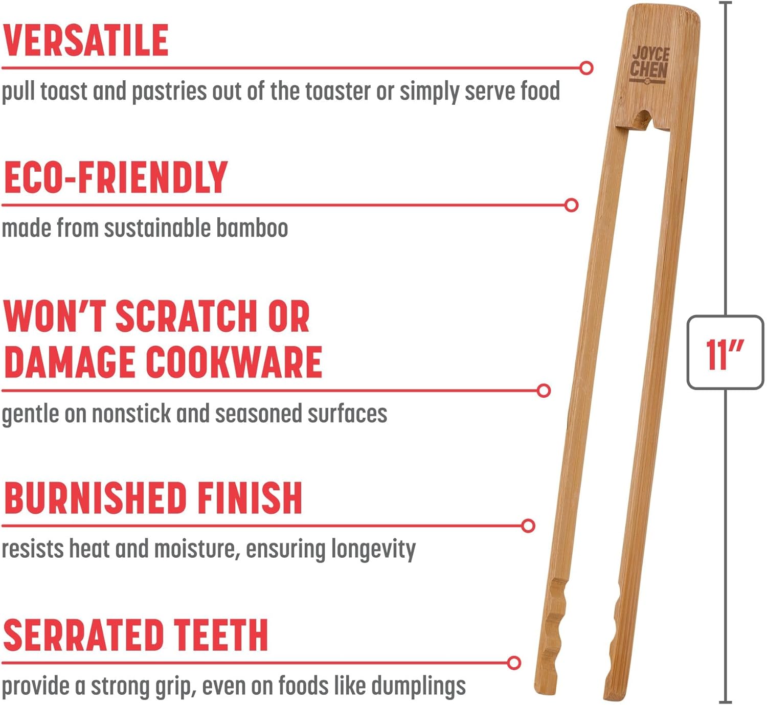 Joyce Chen Burnished Bamboo Tongs with Serrated Teeth – 11-Inch