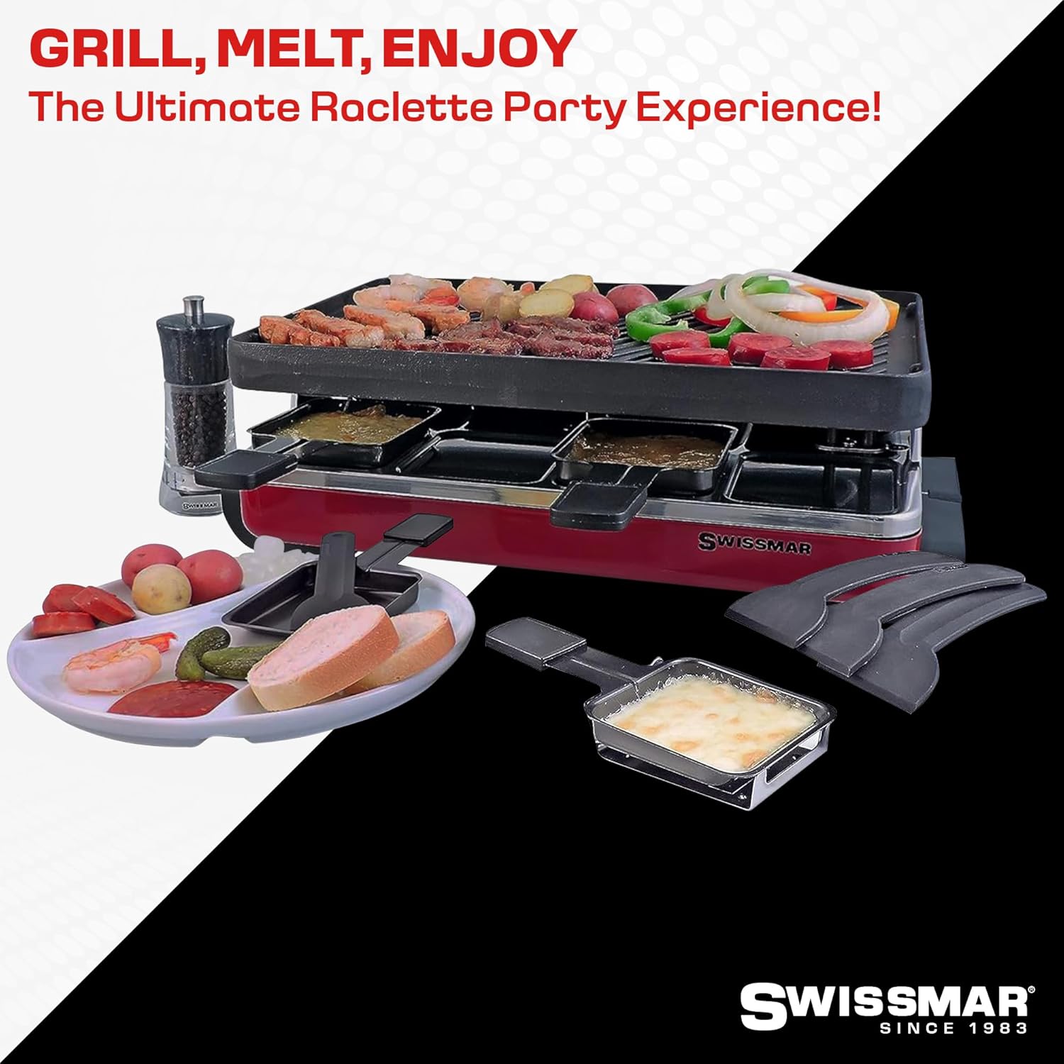 Swissmar Classic 8-Person Raclette Grill – Cast Iron Plate – Red by Kitchen Niche