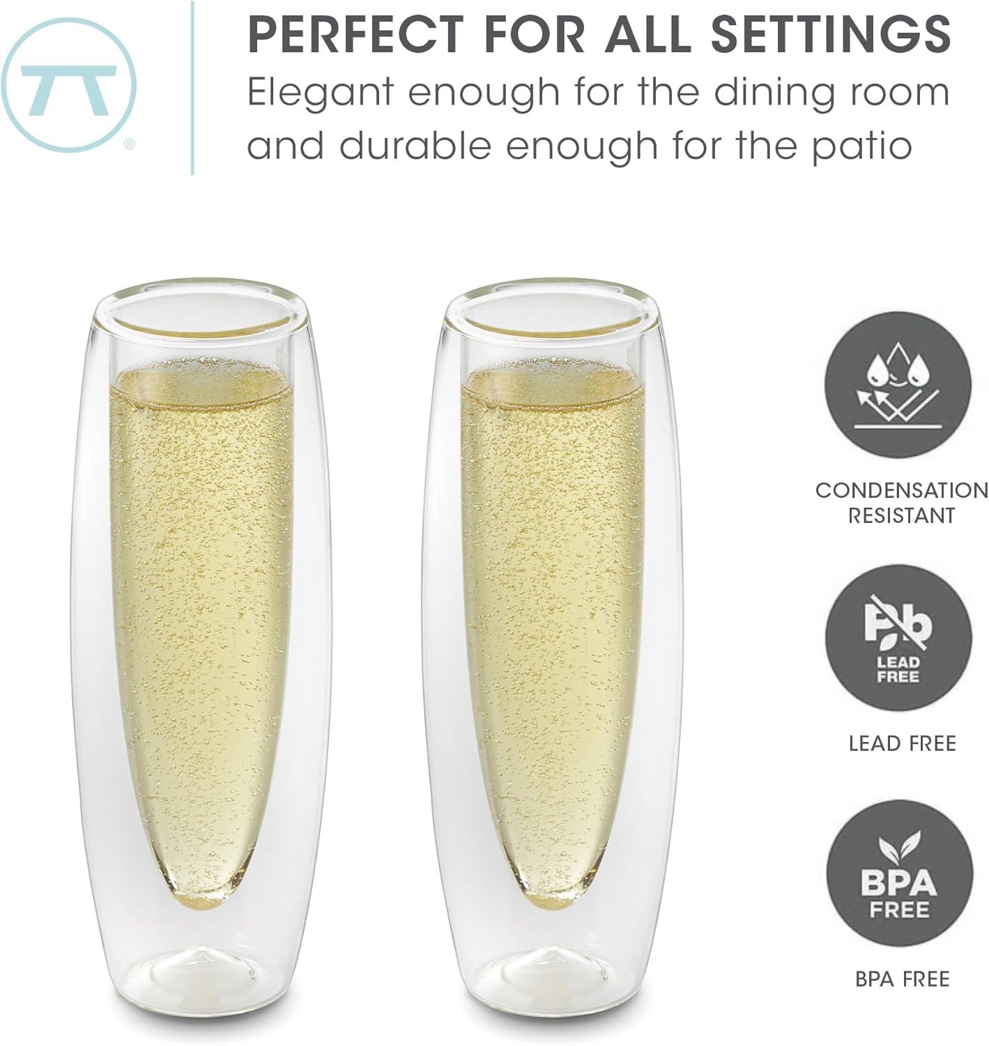 Outset Double Wall Stemless Champagne Flutes Set of 2 – Borosilicate