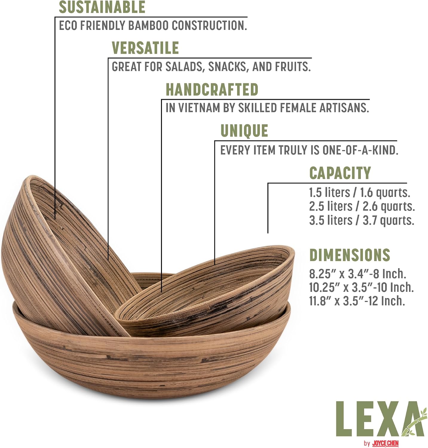 Joyce Chen Lexa Bamboo Bowl Set – Black – 8, 10 & 12 Inch – Set of 3