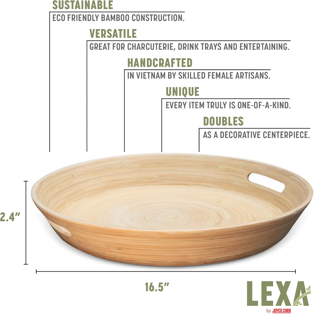 Joyce Chen Lexa Bamboo Serving Tray with Handles – Natural – 16 Inch