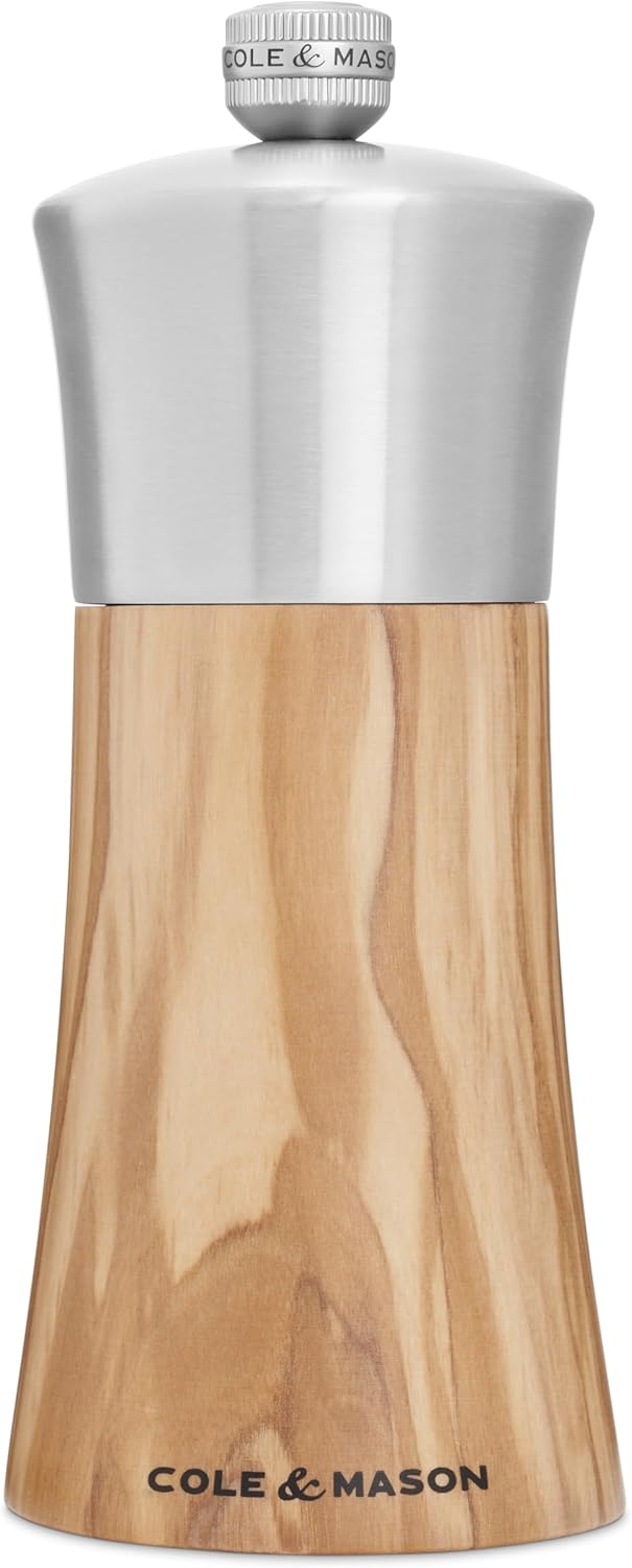 Cole &amp; Mason Bromley Pepper Mill – Olive Wood &amp; Stainless Steel – 6&quot; / 15 cm