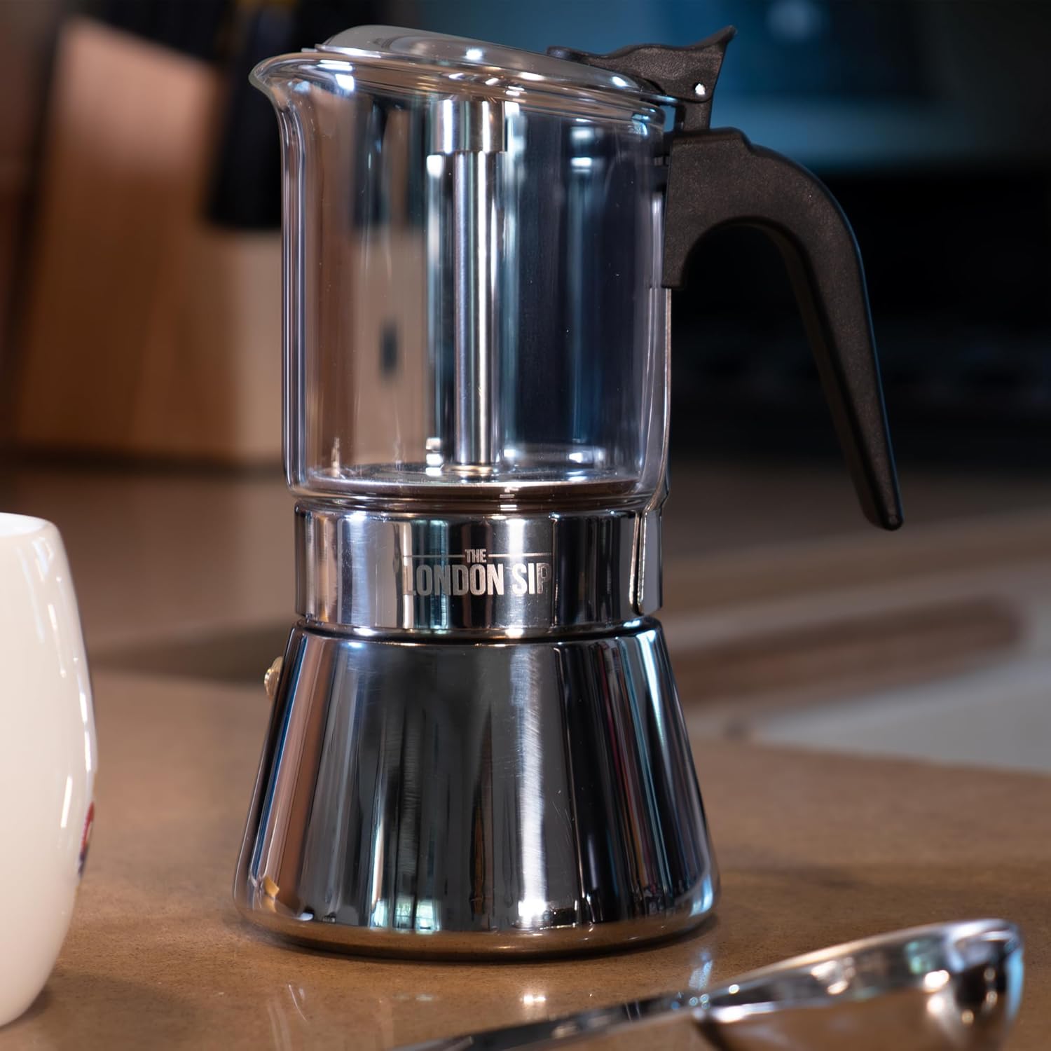 London Sip Stainless Steel Espresso Maker – Glass Carafe – 3 Cup