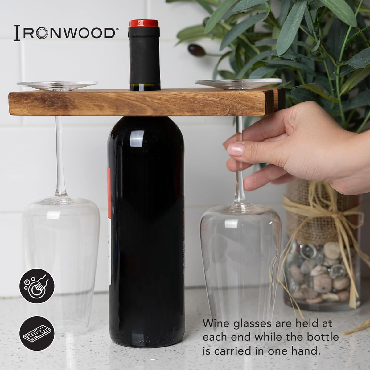 Ironwood Acacia Wood Wine Glass Holder for 2 Glasses