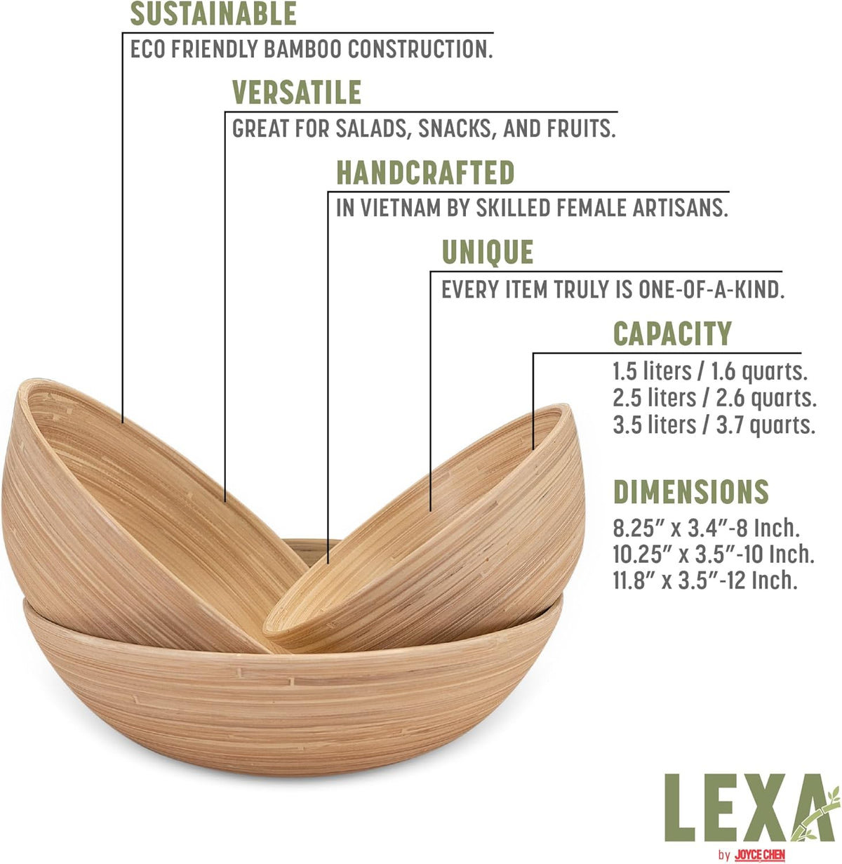 Joyce Chen Lexa Bamboo Bowl Set – Natural – 8, 10 & 12 Inch – Set of 3