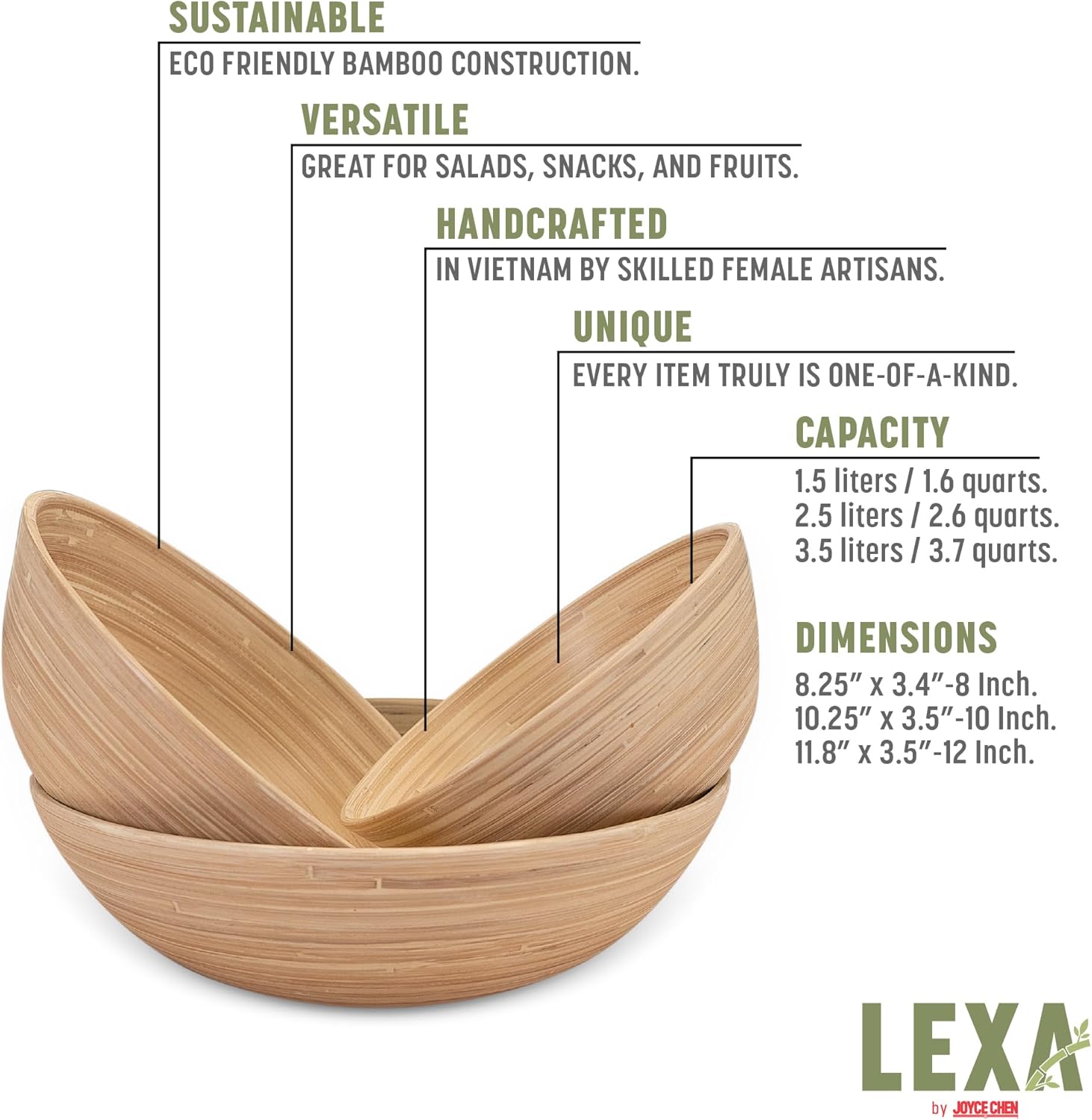 Joyce Chen Lexa Bamboo Bowl Set – Natural – 8, 10 & 12 Inch – Set of 3