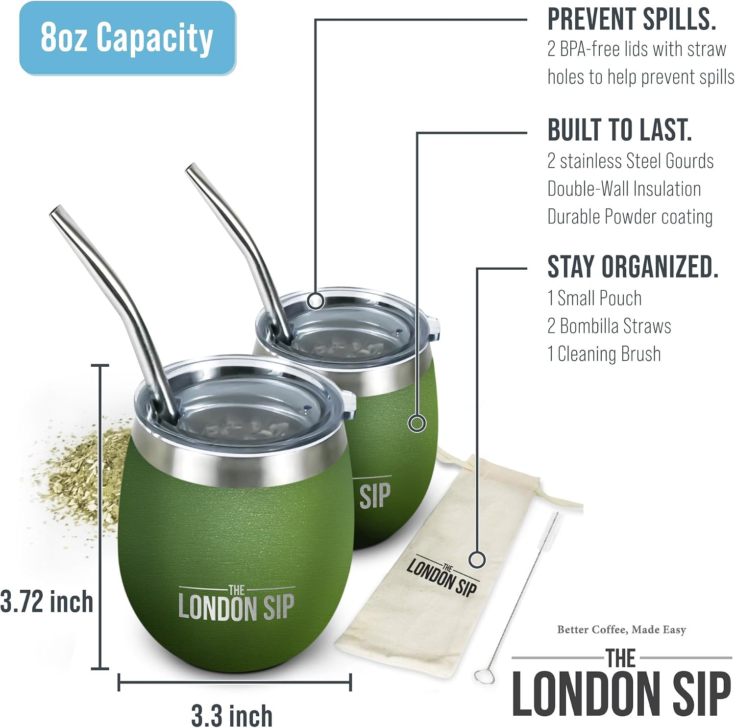 London Sip Yerba Mate Cup 2-Pack Set – Green – 8 oz