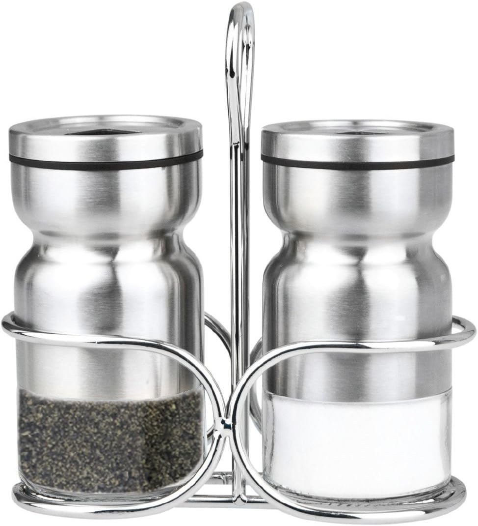 Cuisinox Salt and Pepper Shaker Set in Satin Stainless Steel with Caddy – 7 x 15cm by Kitchen Niche