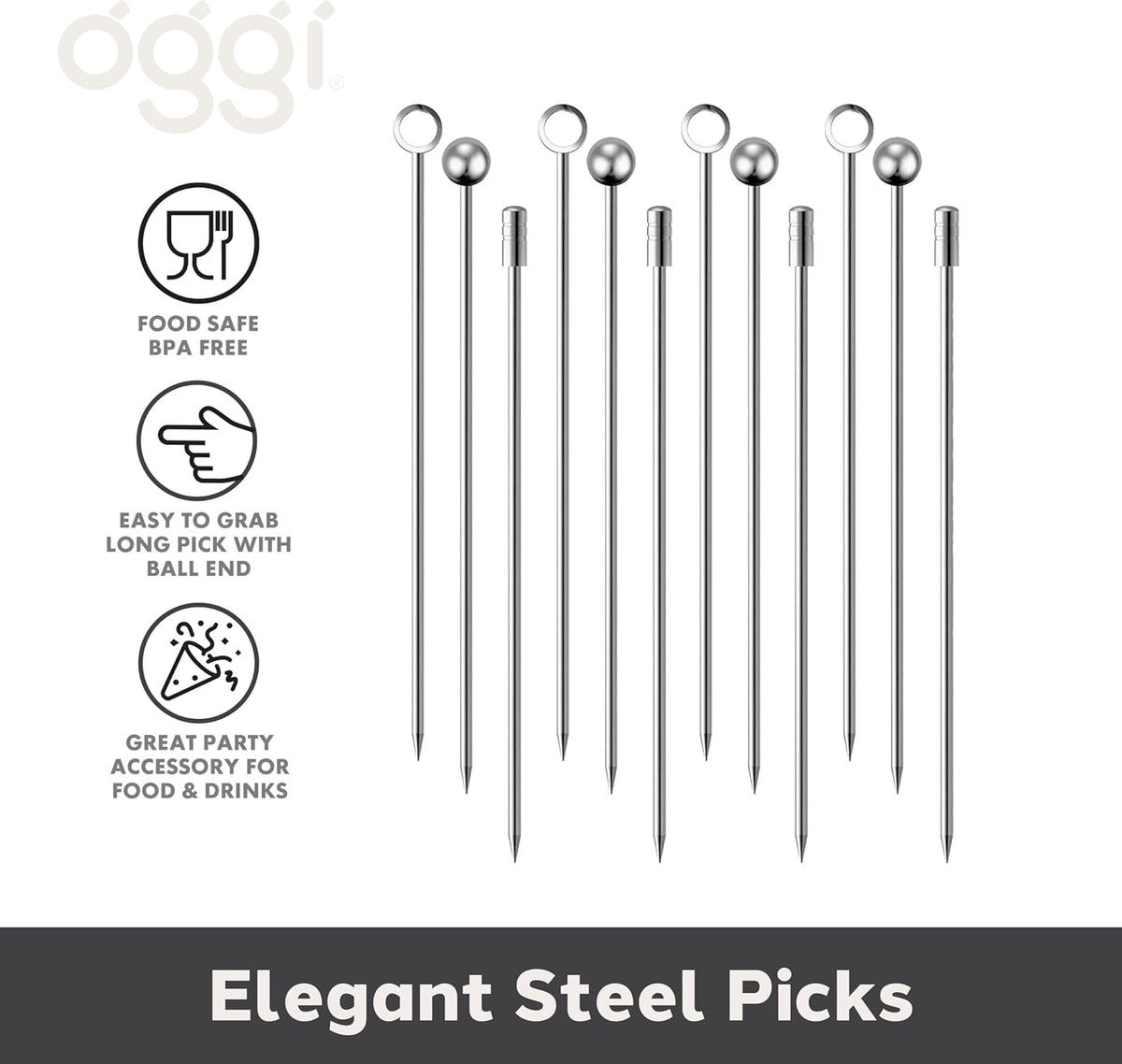 Oggi Set of 12 Cocktail Picks – 4" – Stainless Steel