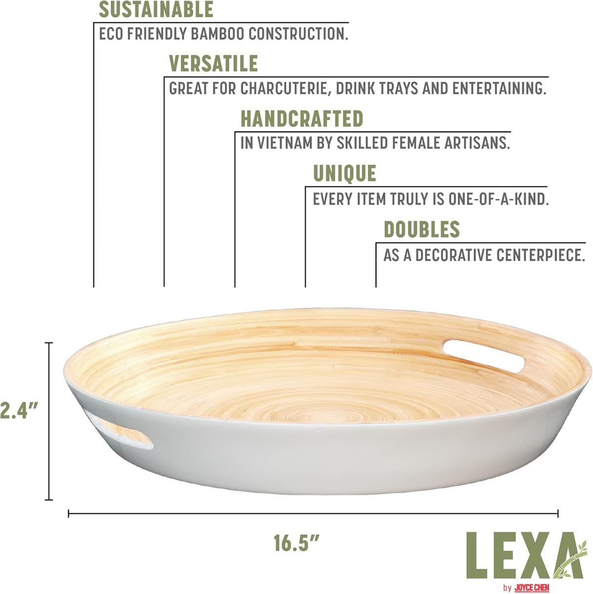 Joyce Chen Lexa Bamboo Serving Tray with Handles – White – 16 Inch