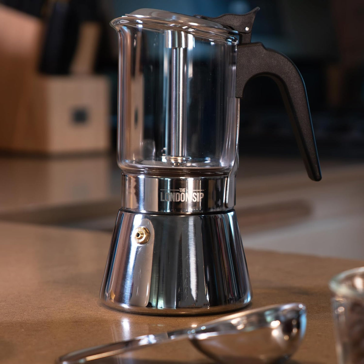 London Sip Stainless Steel Espresso Maker – Glass Carafe – 6 Cup