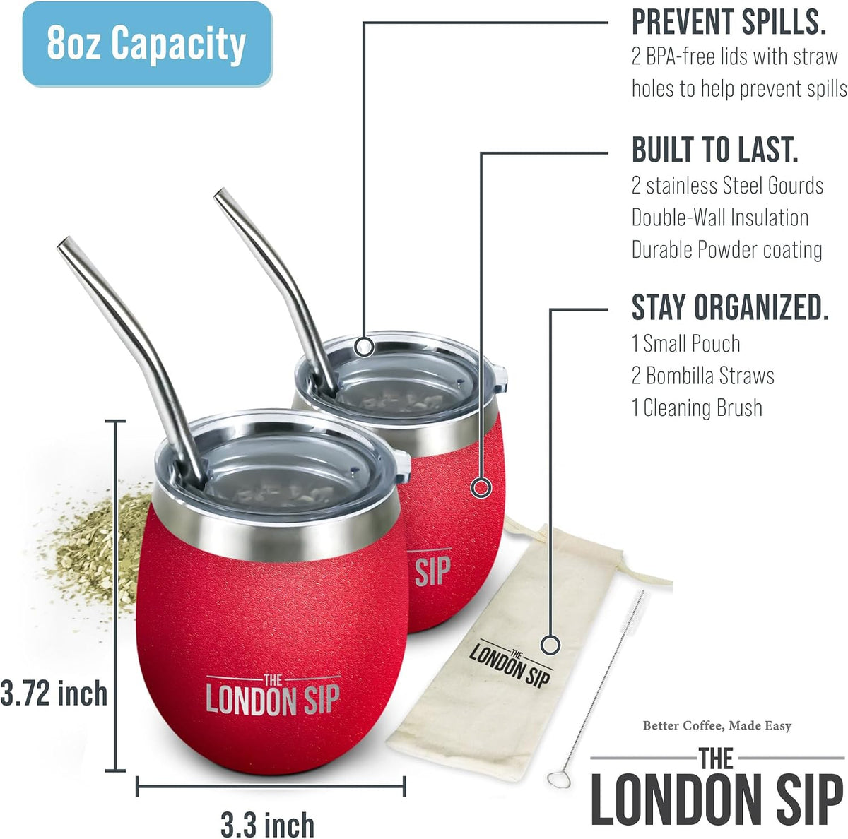 London Sip Yerba Mate Cup 2-Pack Set – Red – 8 oz