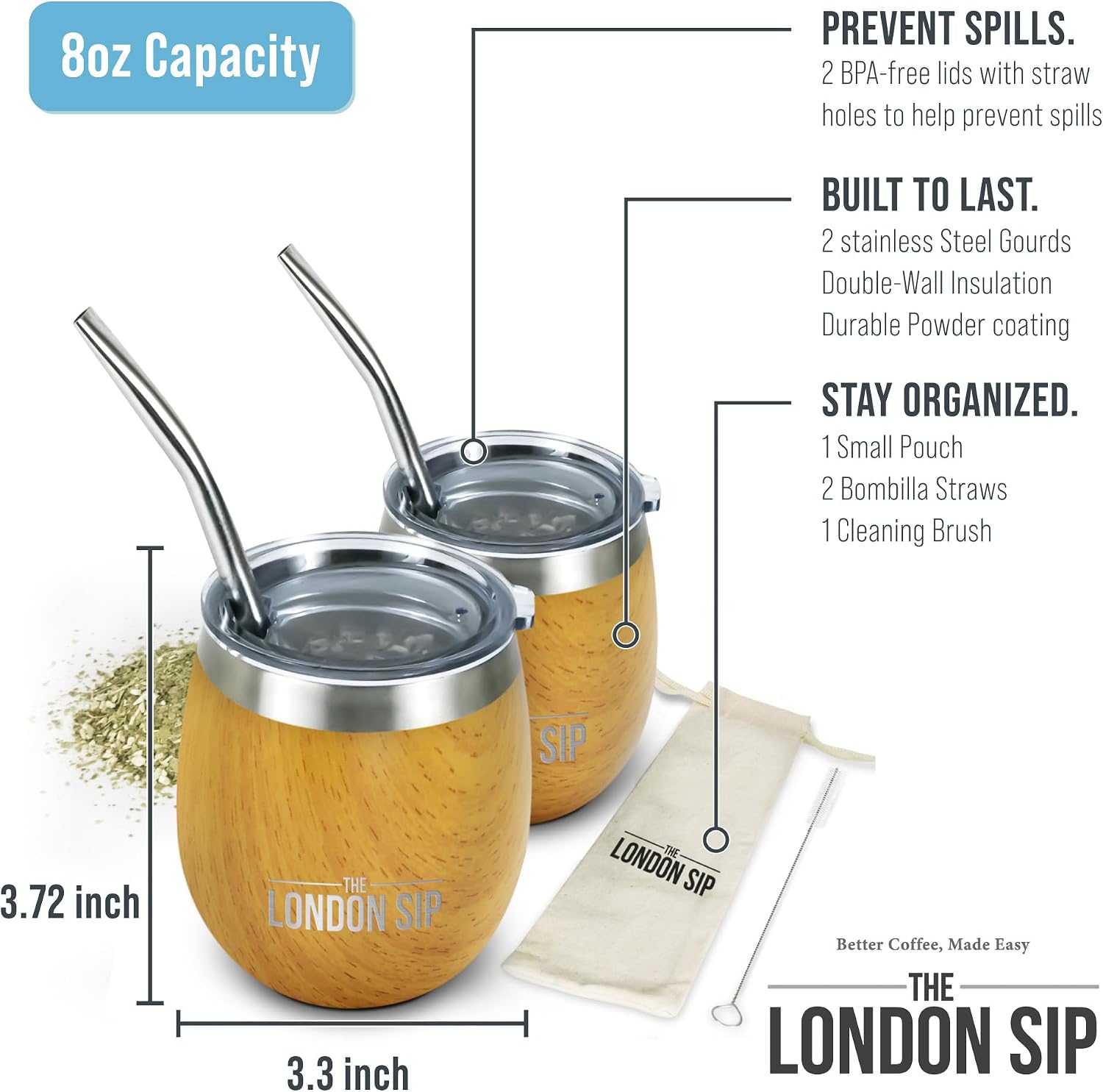 London Sip Yerba Mate Cup 2-Pack Set – Light Burl Wood – 8 oz