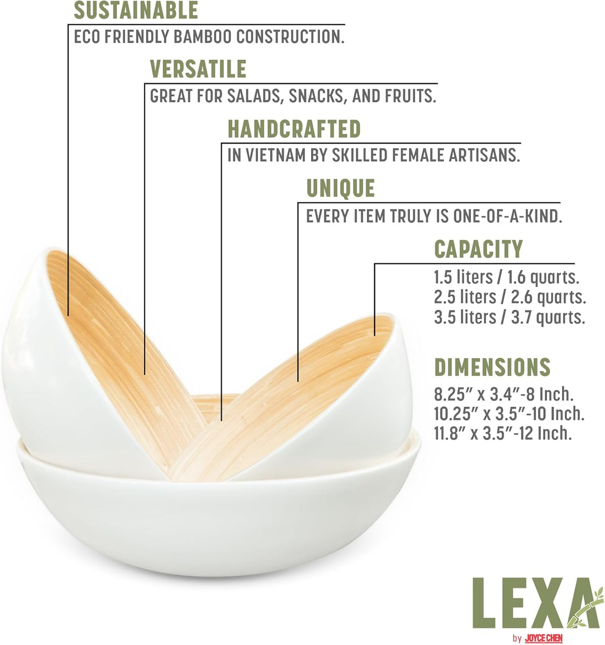 Joyce Chen Lexa Bamboo Bowl Set – White – 8, 10 & 12 Inch – Set of 3