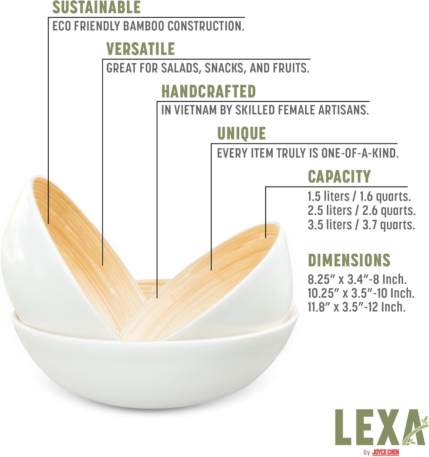 Joyce Chen Lexa Bamboo Bowl Set – White – 8, 10 & 12 Inch – Set of 3